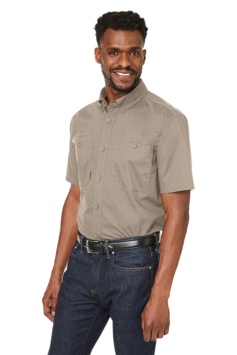 Dri Duck Mens Craftsman Ripstop Short Sleeve Button Down Shirt w/ Double Pockets - Rope Brown
