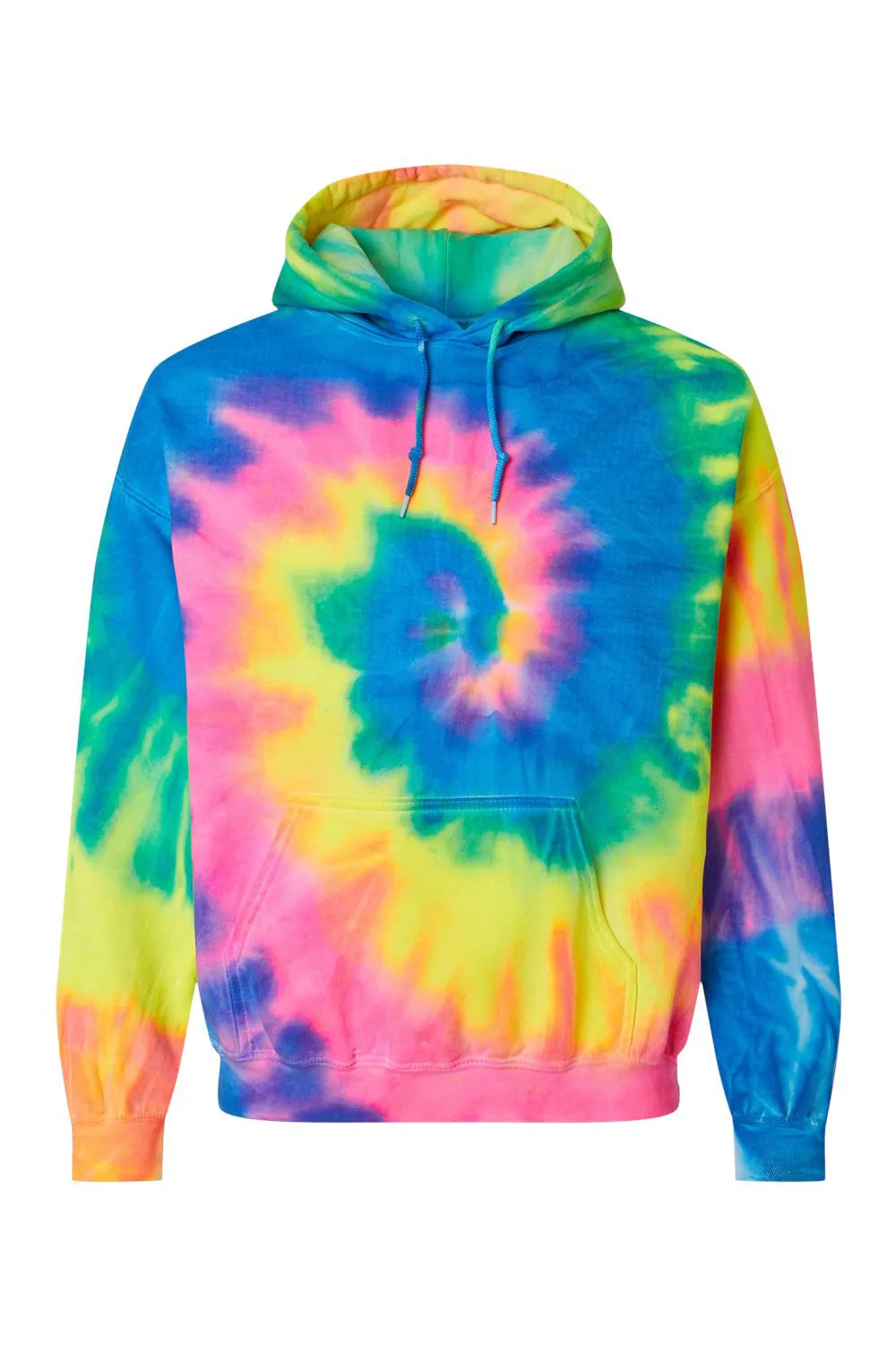 Dyenomite Mens Blended Tie Dyed Hooded Sweatshirt Hoodie w/ Pouch Pocket - Flo Rainbow - Closeout