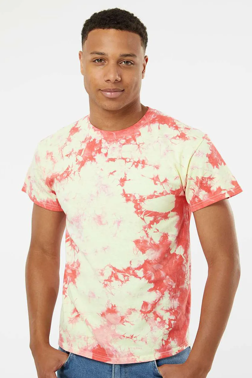 Dyenomite Mens Crystal Tie Dyed Short Sleeve Crewneck T-Shirt - Coral/Soft Yellow - Closeout