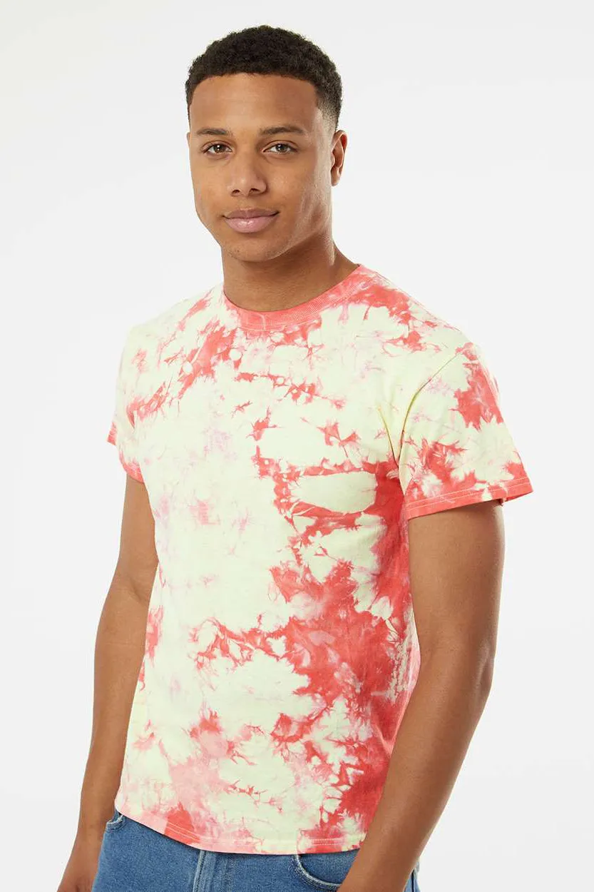 Dyenomite Mens Crystal Tie Dyed Short Sleeve Crewneck T-Shirt - Coral/Soft Yellow - Closeout
