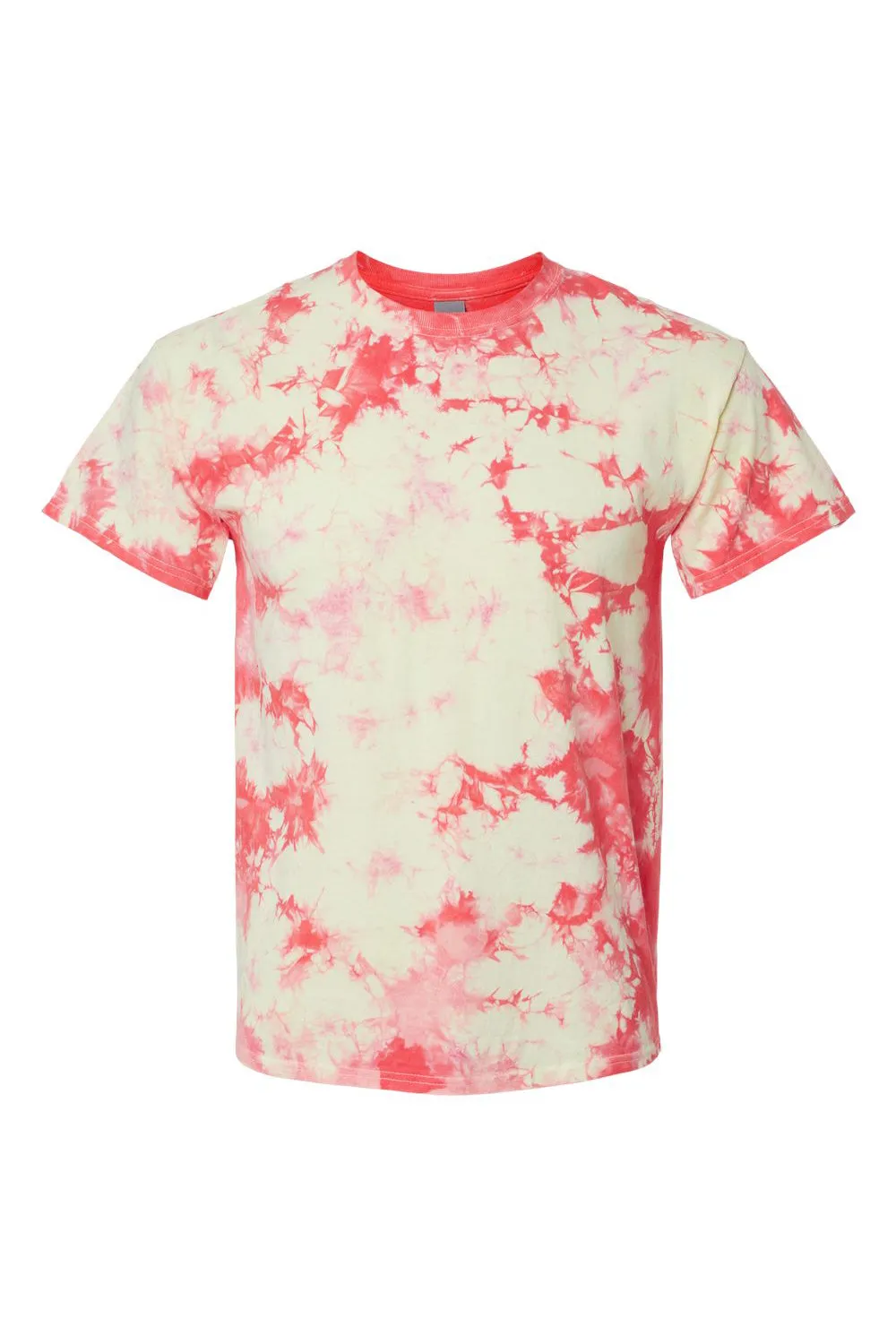 Dyenomite Mens Crystal Tie Dyed Short Sleeve Crewneck T-Shirt - Coral/Soft Yellow - Closeout