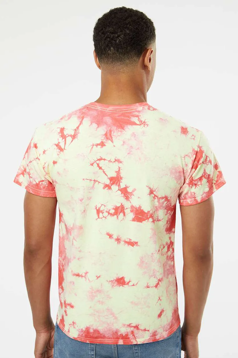 Dyenomite Mens Crystal Tie Dyed Short Sleeve Crewneck T-Shirt - Coral/Soft Yellow - Closeout