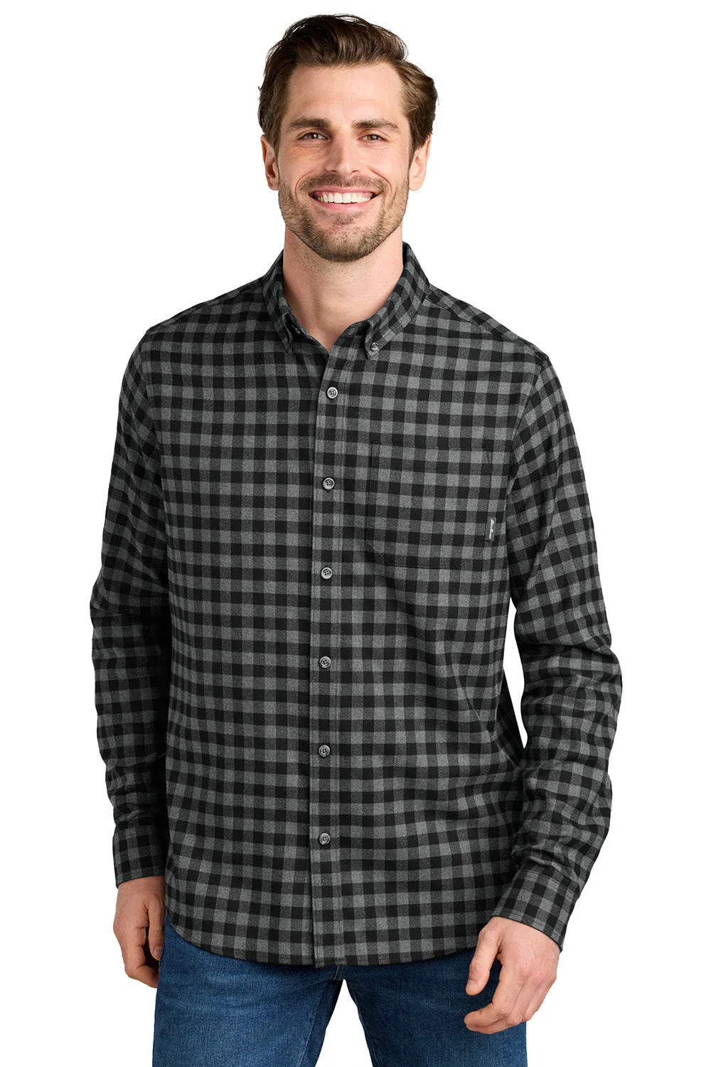 Eddie Bauer Mens Favorite Flannel Long Sleeve Button Down Shirt w/ Pocket - Deep Black Mini Buffalo