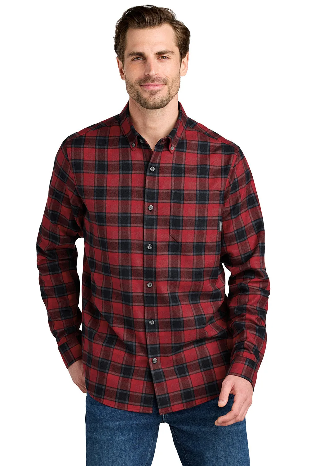 Eddie Bauer Mens Favorite Flannel Long Sleeve Button Down Shirt w/ Pocket - Red Highland Plaid