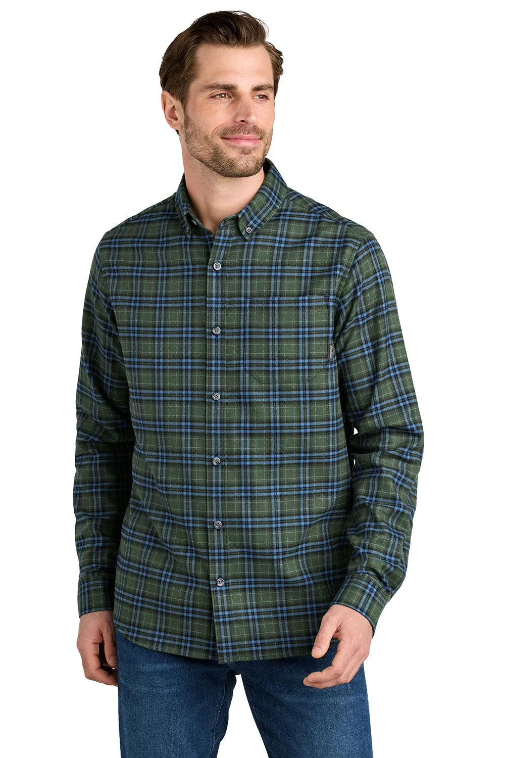 Eddie Bauer Mens Favorite Flannel Long Sleeve Button Down Shirt w/ Pocket - Soft Olive Green Plaid