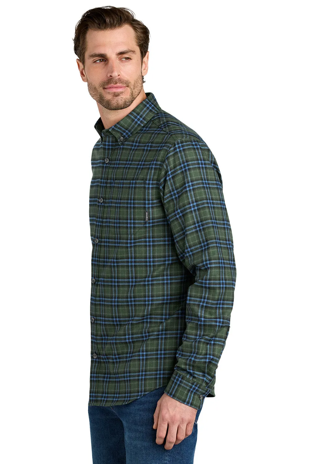 Eddie Bauer Mens Favorite Flannel Long Sleeve Button Down Shirt w/ Pocket - Soft Olive Green Plaid