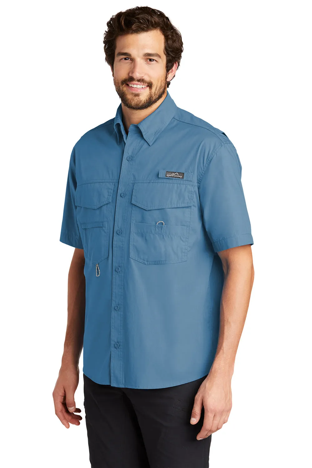 Eddie Bauer Mens Fishing Short Sleeve Button Down Shirt w/ Double Pockets - Blue Gill