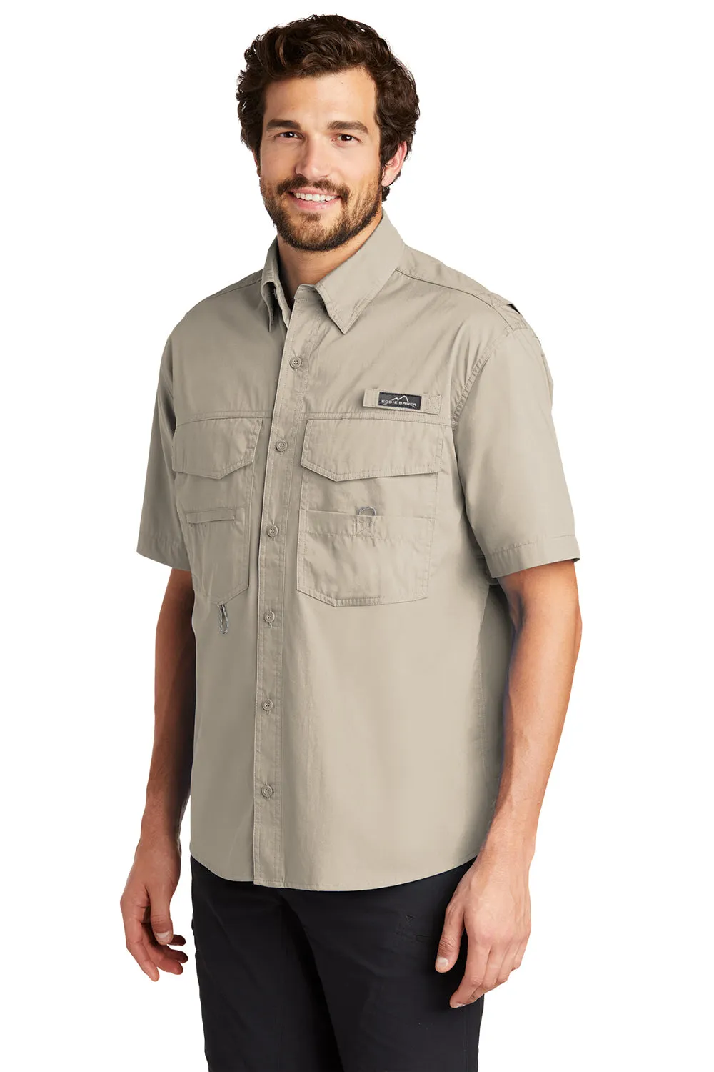 Eddie Bauer Mens Fishing Short Sleeve Button Down Shirt w/ Double Pockets - Driftwood