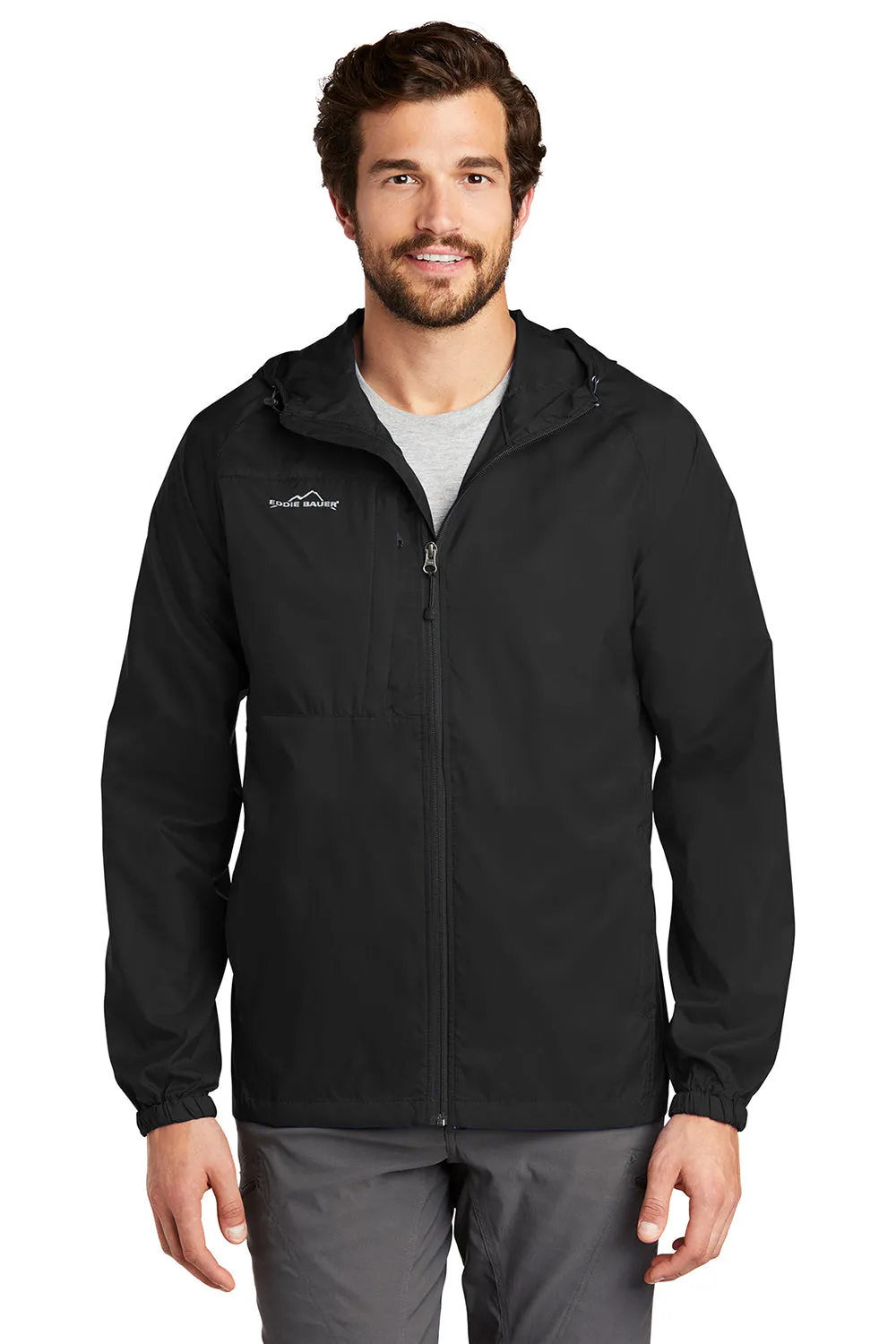 Eddie Bauer Mens Packable Wind Resistant Full Zip Hooded Jacket - Black