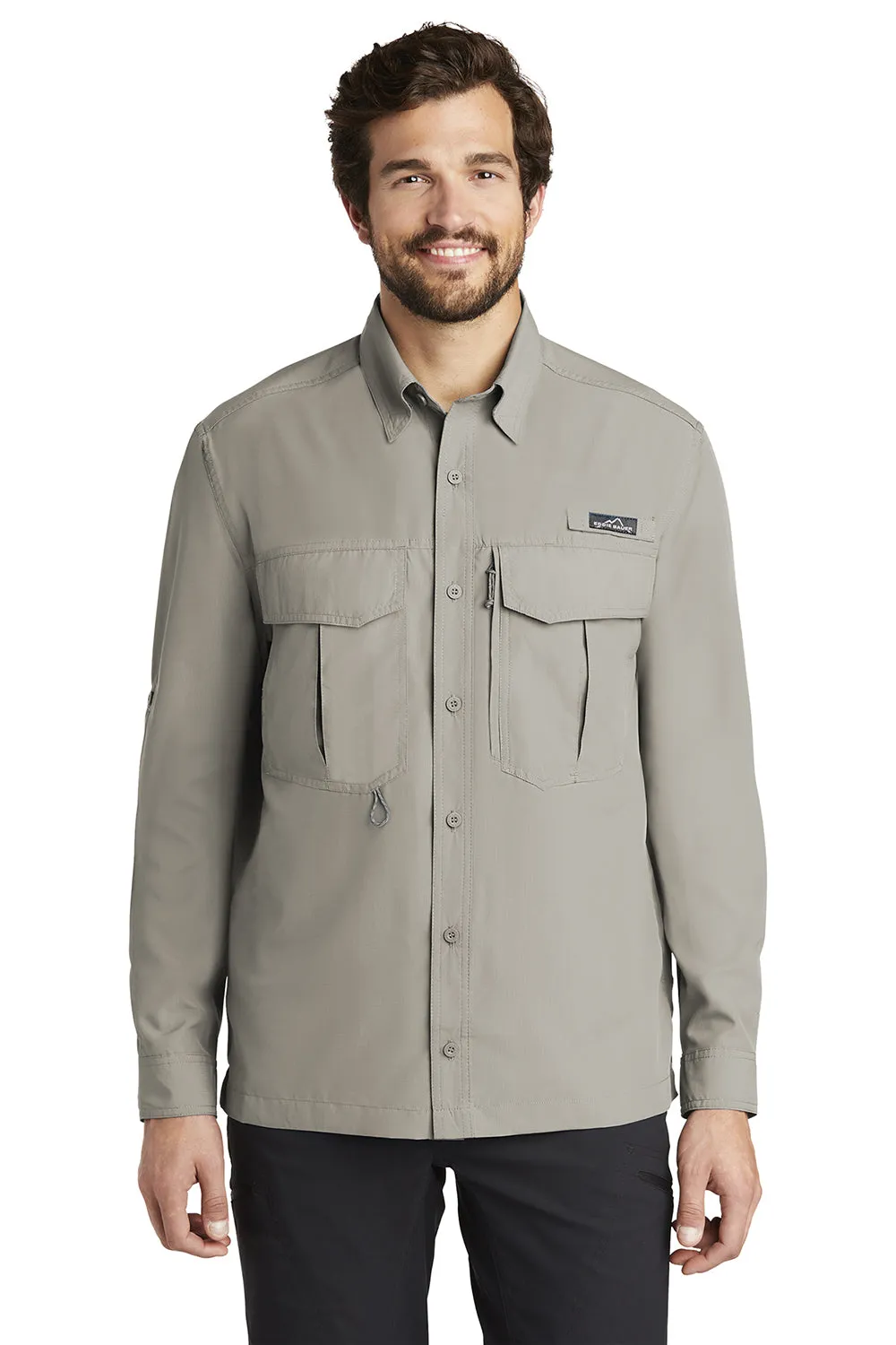 Eddie Bauer Mens Performance Fishing Moisture Wicking Long Sleeve Button Down Shirt w/ Double Pockets - Driftwood