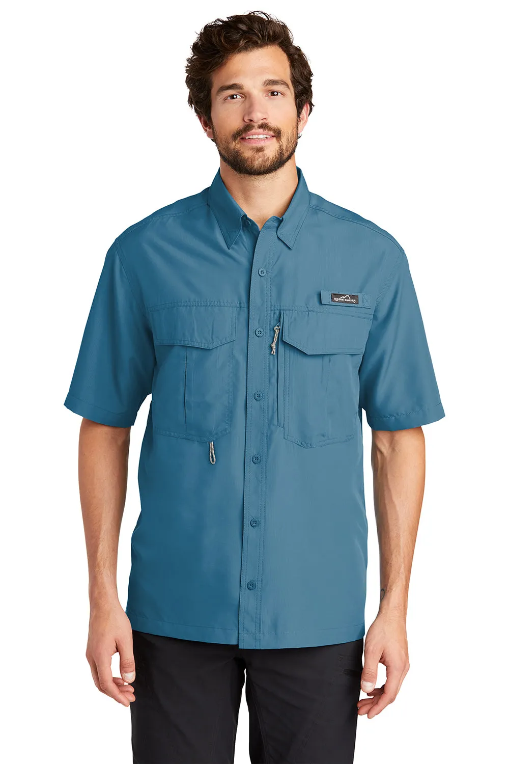 Eddie Bauer Mens Performance Fishing Moisture Wicking Short Sleeve Button Down Shirt w/ Double Pockets - Gulf Teal Blue