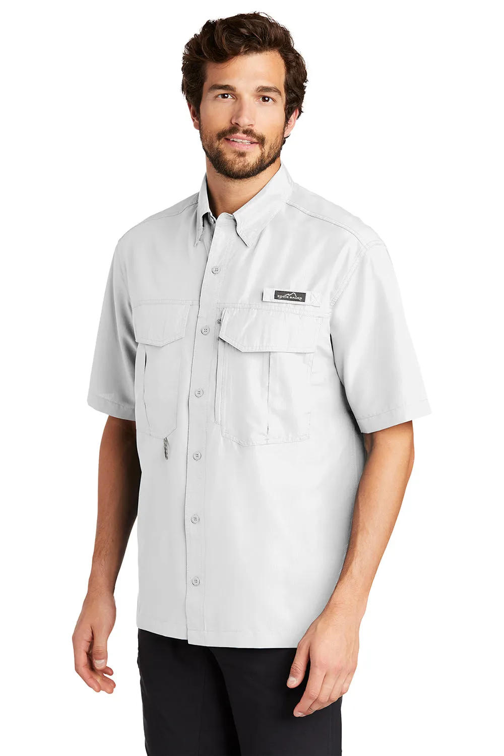 Eddie Bauer Mens Performance Fishing Moisture Wicking Short Sleeve Button Down Shirt w/ Double Pockets - White