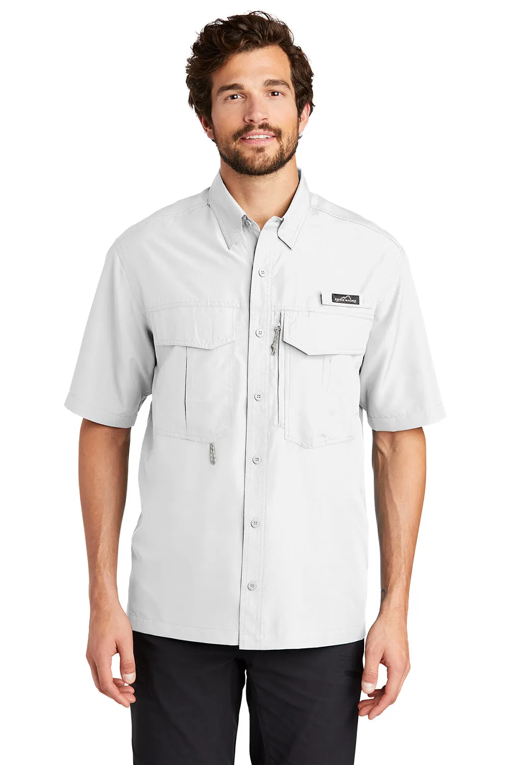 Eddie Bauer Mens Performance Fishing Moisture Wicking Short Sleeve Button Down Shirt w/ Double Pockets - White