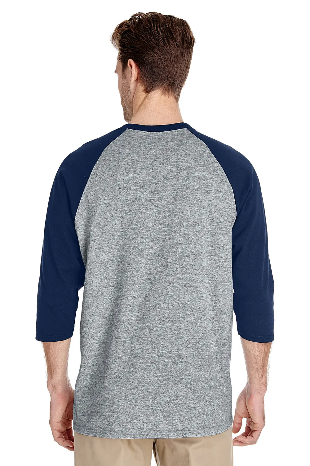 Gildan Mens 3/4 Sleeve Crewneck T-Shirt - Sport Grey/Navy Blue