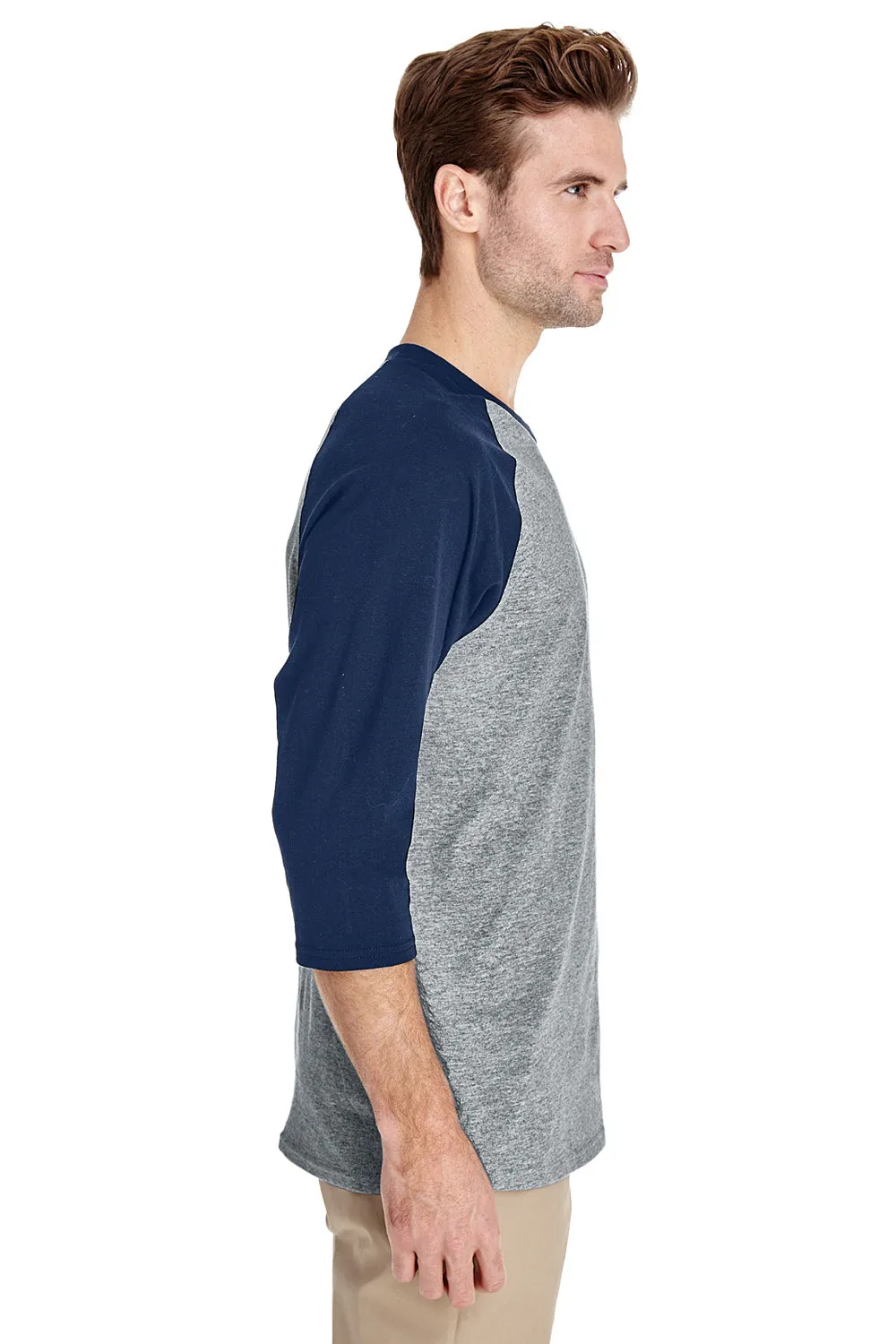 Gildan Mens 3/4 Sleeve Crewneck T-Shirt - Sport Grey/Navy Blue