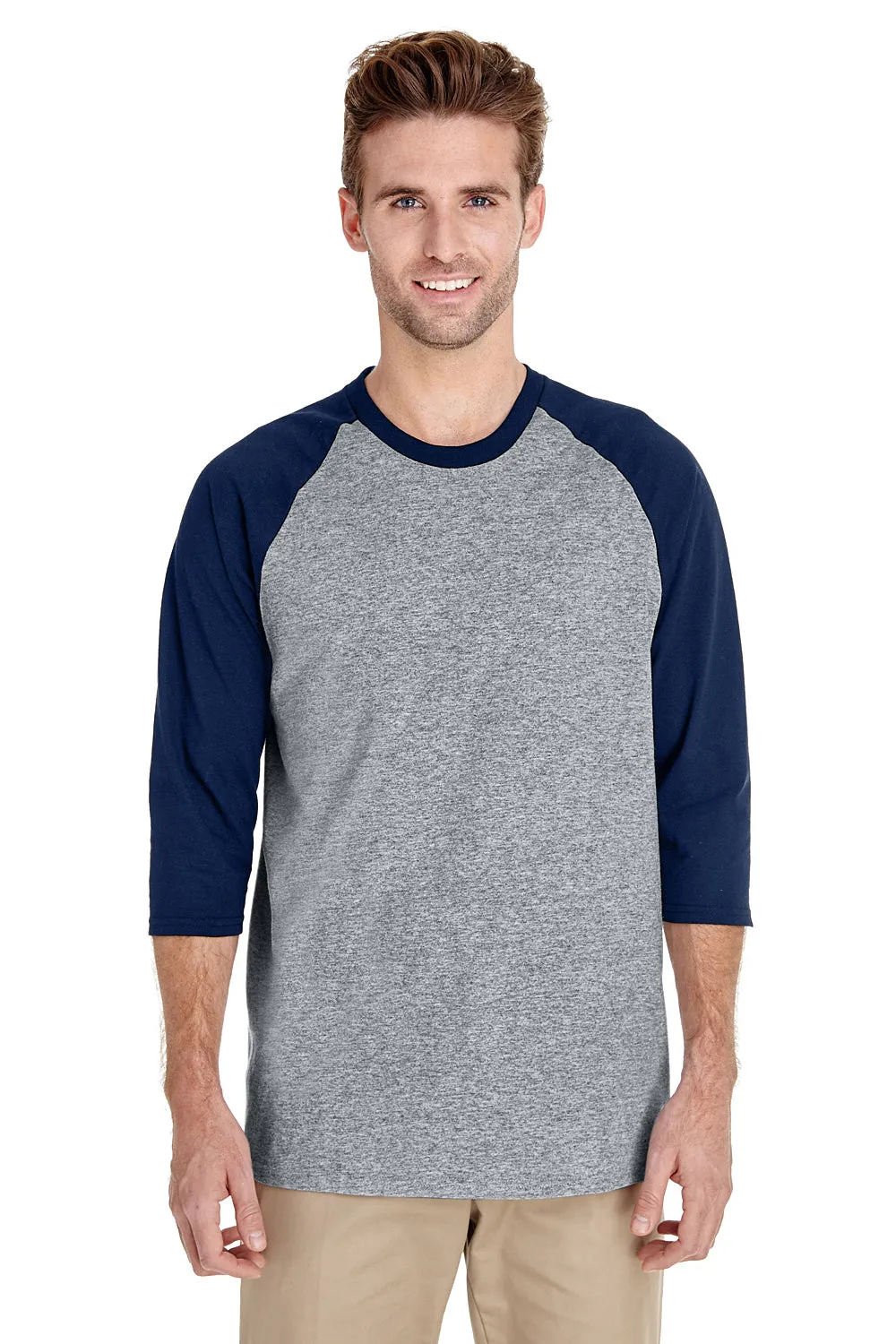 Gildan Mens 3/4 Sleeve Crewneck T-Shirt - Sport Grey/Navy Blue