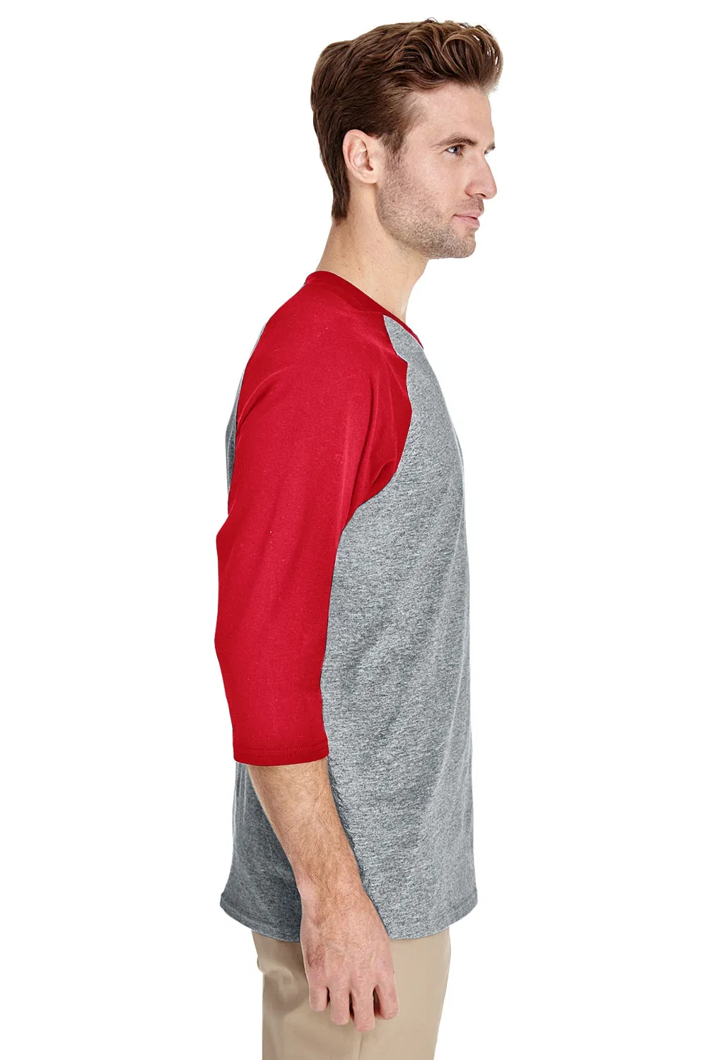 Gildan Mens 3/4 Sleeve Crewneck T-Shirt - Sport Grey/Red