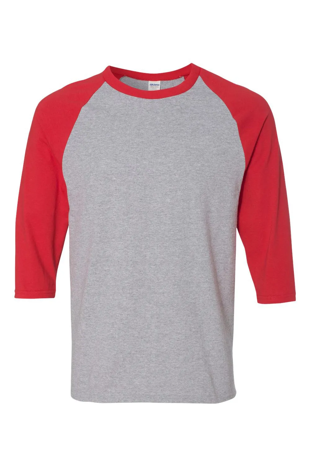 Gildan Mens 3/4 Sleeve Crewneck T-Shirt - Sport Grey/Red