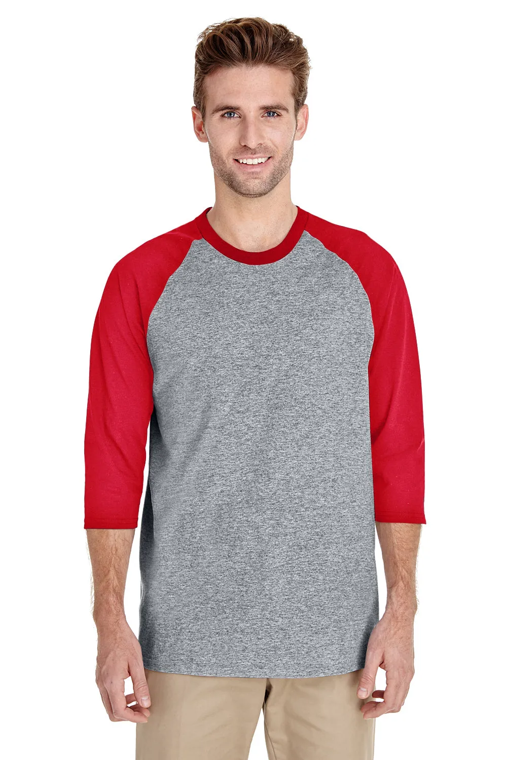Gildan Mens 3/4 Sleeve Crewneck T-Shirt - Sport Grey/Red