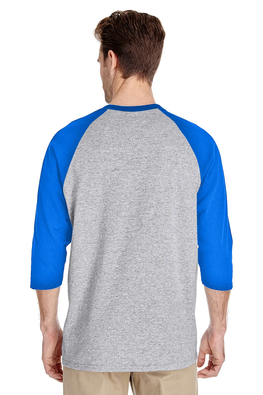 Gildan Mens 3/4 Sleeve Crewneck T-Shirt - Sport Grey/Royal Blue