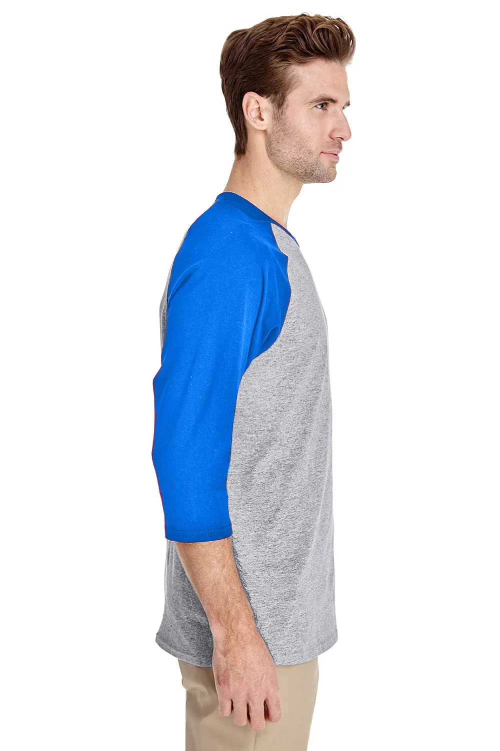 Gildan Mens 3/4 Sleeve Crewneck T-Shirt - Sport Grey/Royal Blue