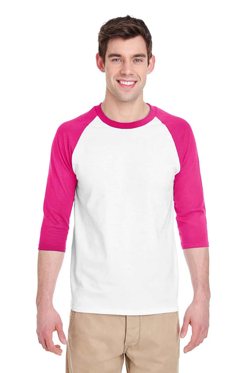 Gildan Mens 3/4 Sleeve Crewneck T-Shirt - White/Heliconia Pink