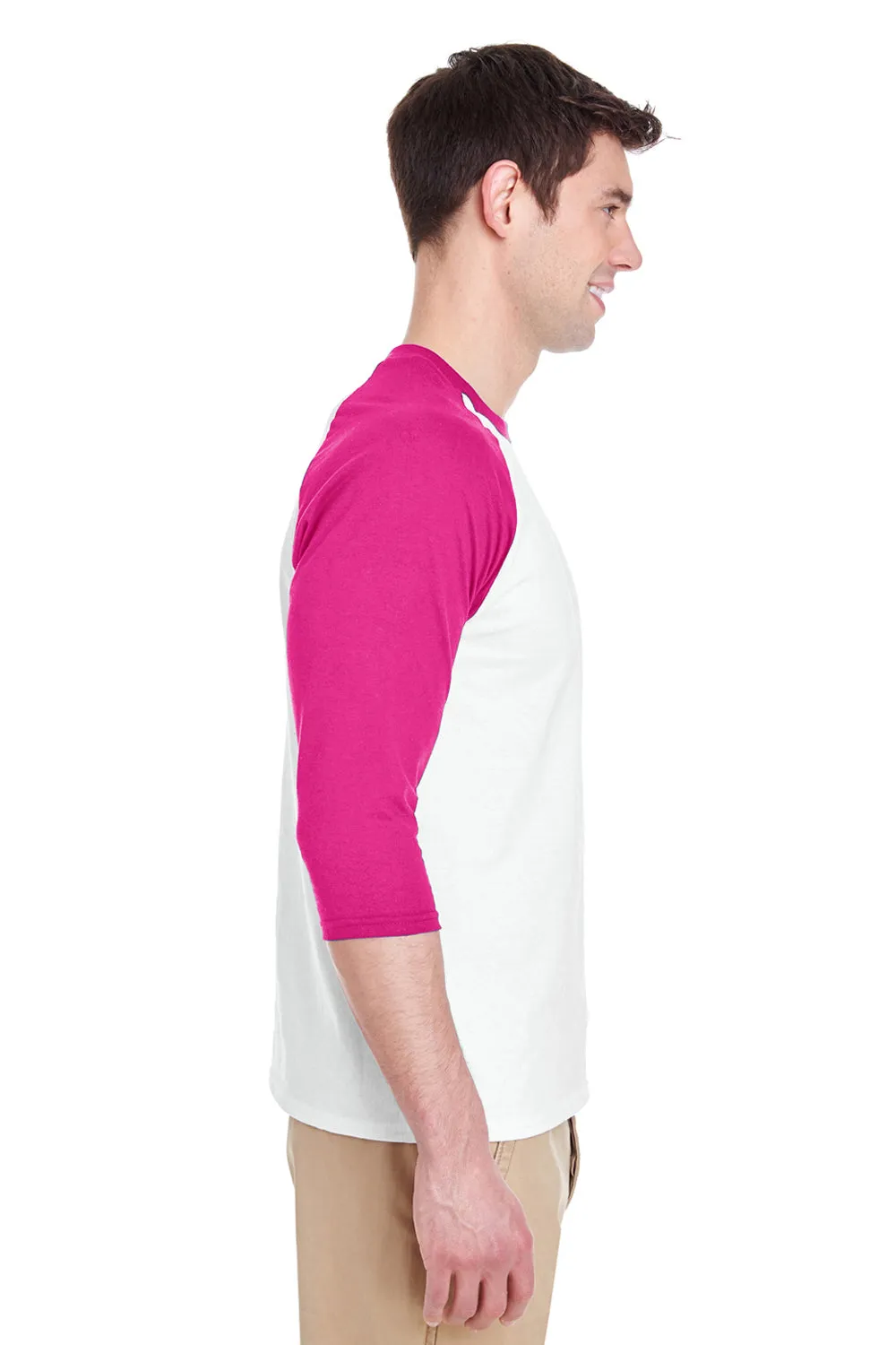 Gildan Mens 3/4 Sleeve Crewneck T-Shirt - White/Heliconia Pink