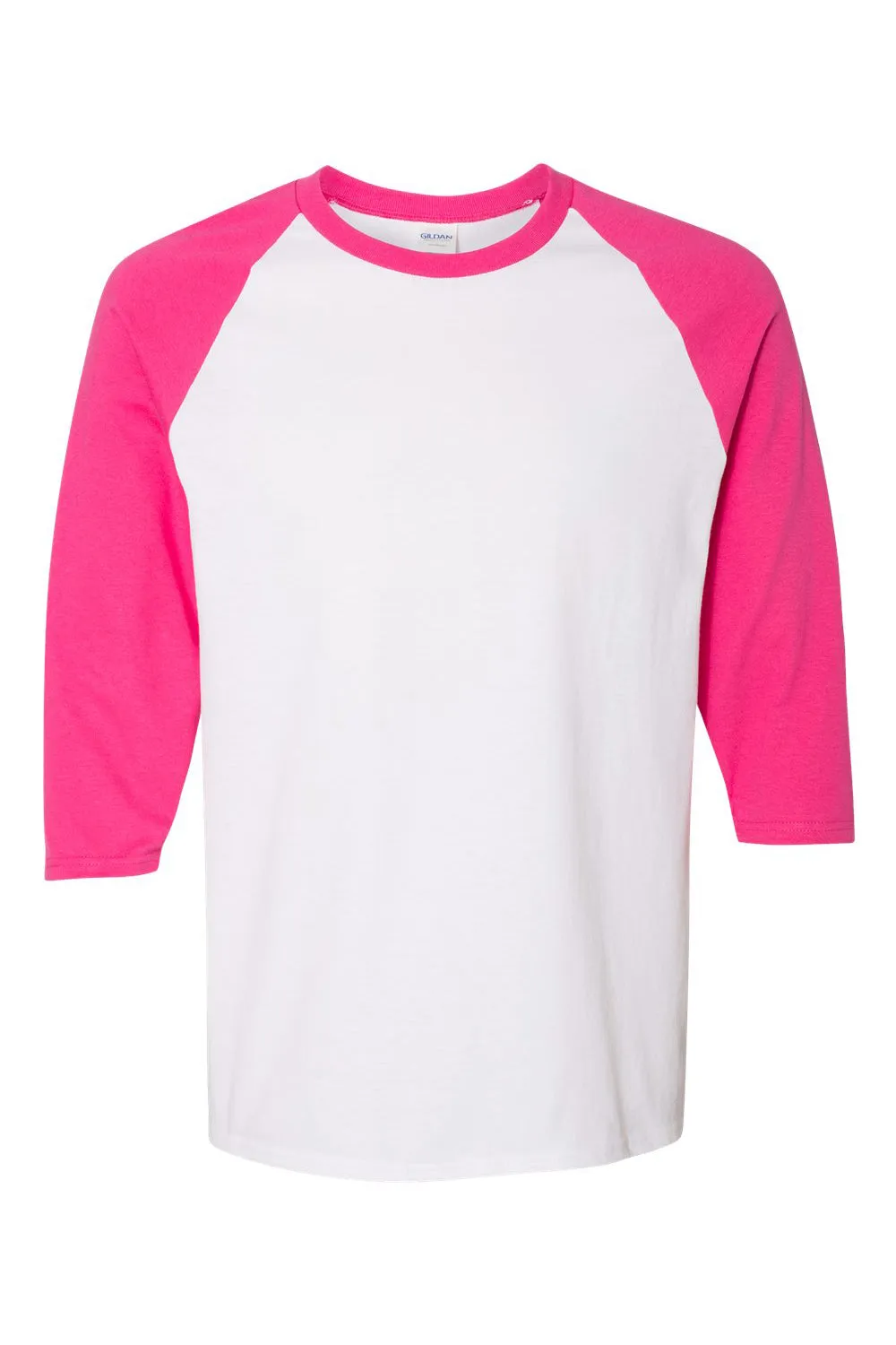 Gildan Mens 3/4 Sleeve Crewneck T-Shirt - White/Heliconia Pink