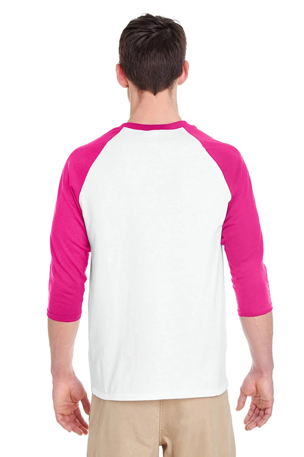 Gildan Mens 3/4 Sleeve Crewneck T-Shirt - White/Heliconia Pink