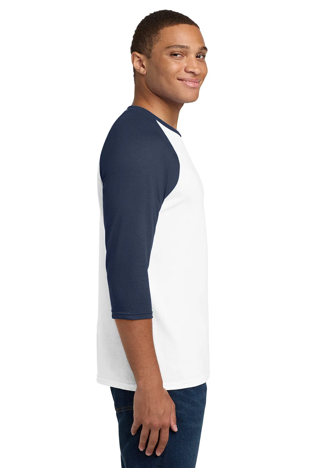Gildan Mens 3/4 Sleeve Crewneck T-Shirt - White/Navy Blue