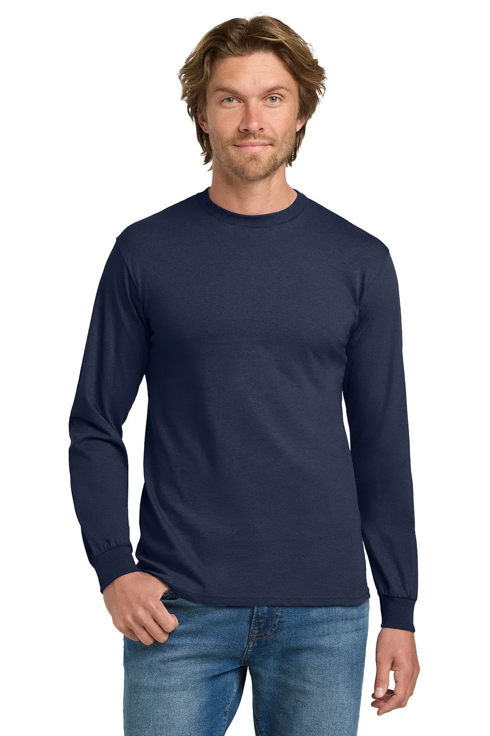Gildan Mens Long Sleeve Crewneck T-Shirt - Navy Blue