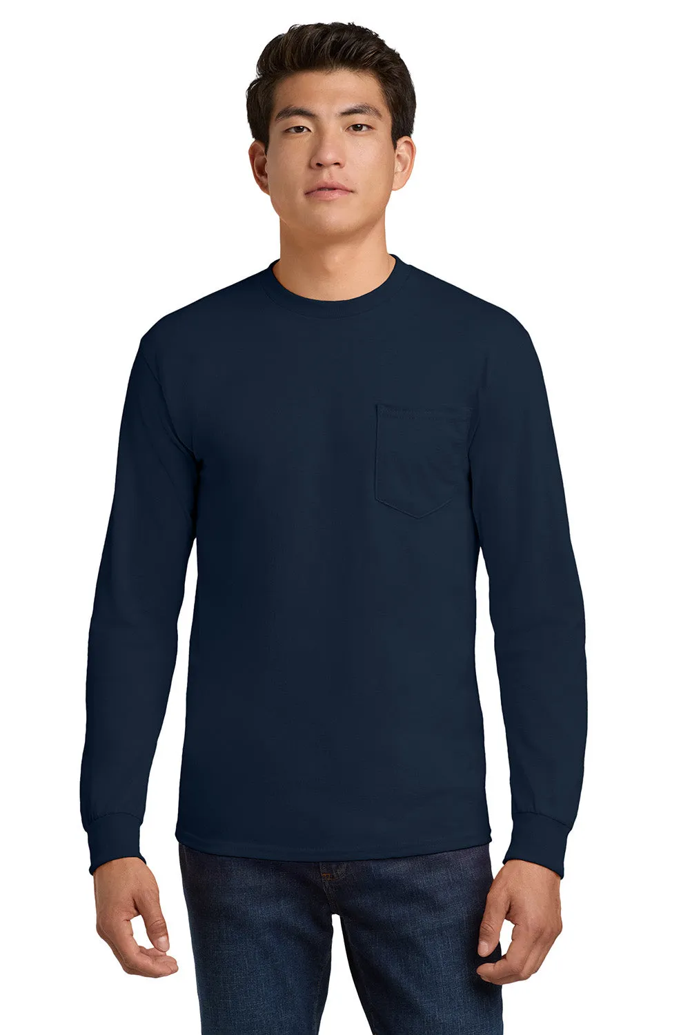 Gildan Mens Ultra Long Sleeve Crewneck T-Shirt w/ Pocket - Navy Blue