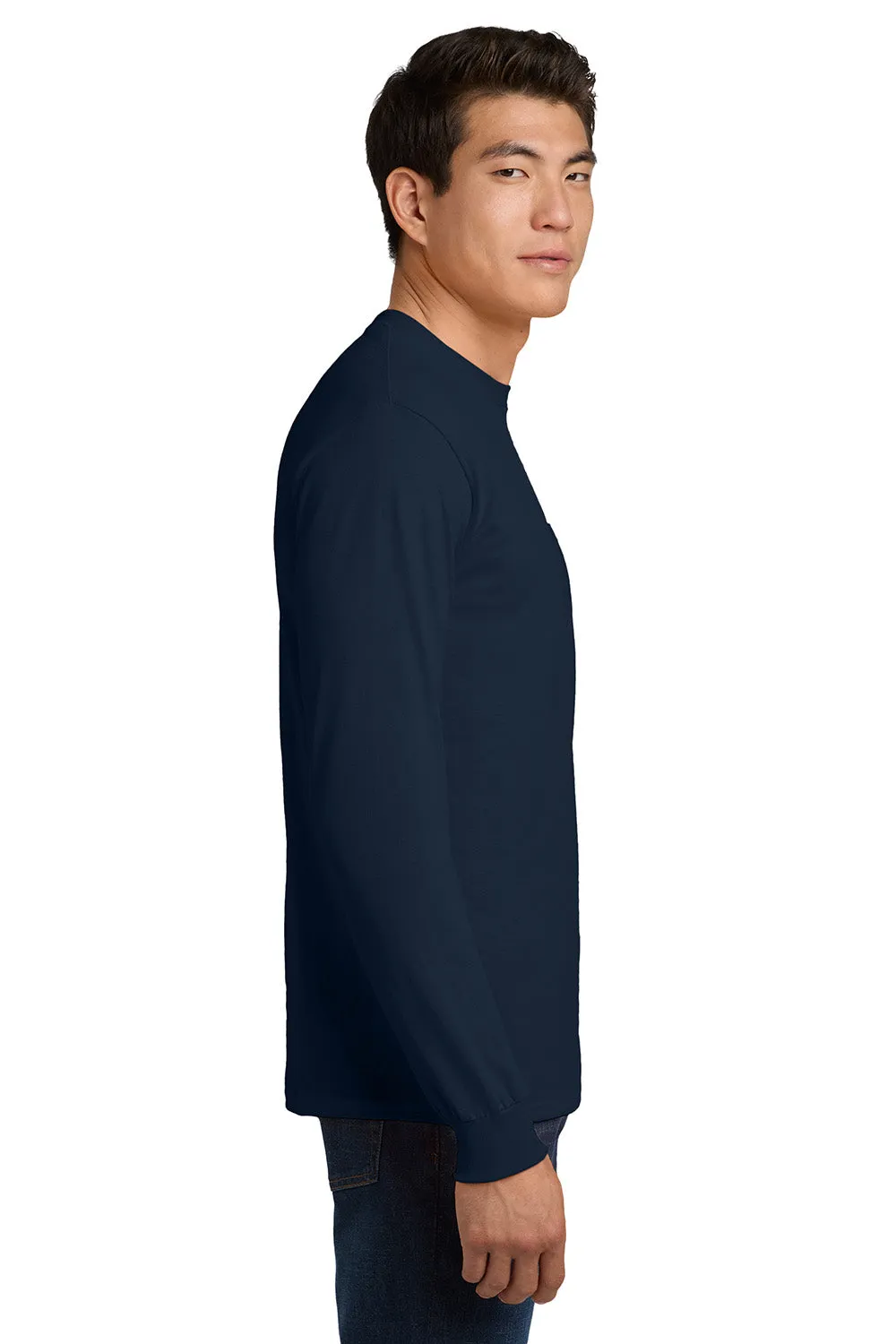 Gildan Mens Ultra Long Sleeve Crewneck T-Shirt w/ Pocket - Navy Blue