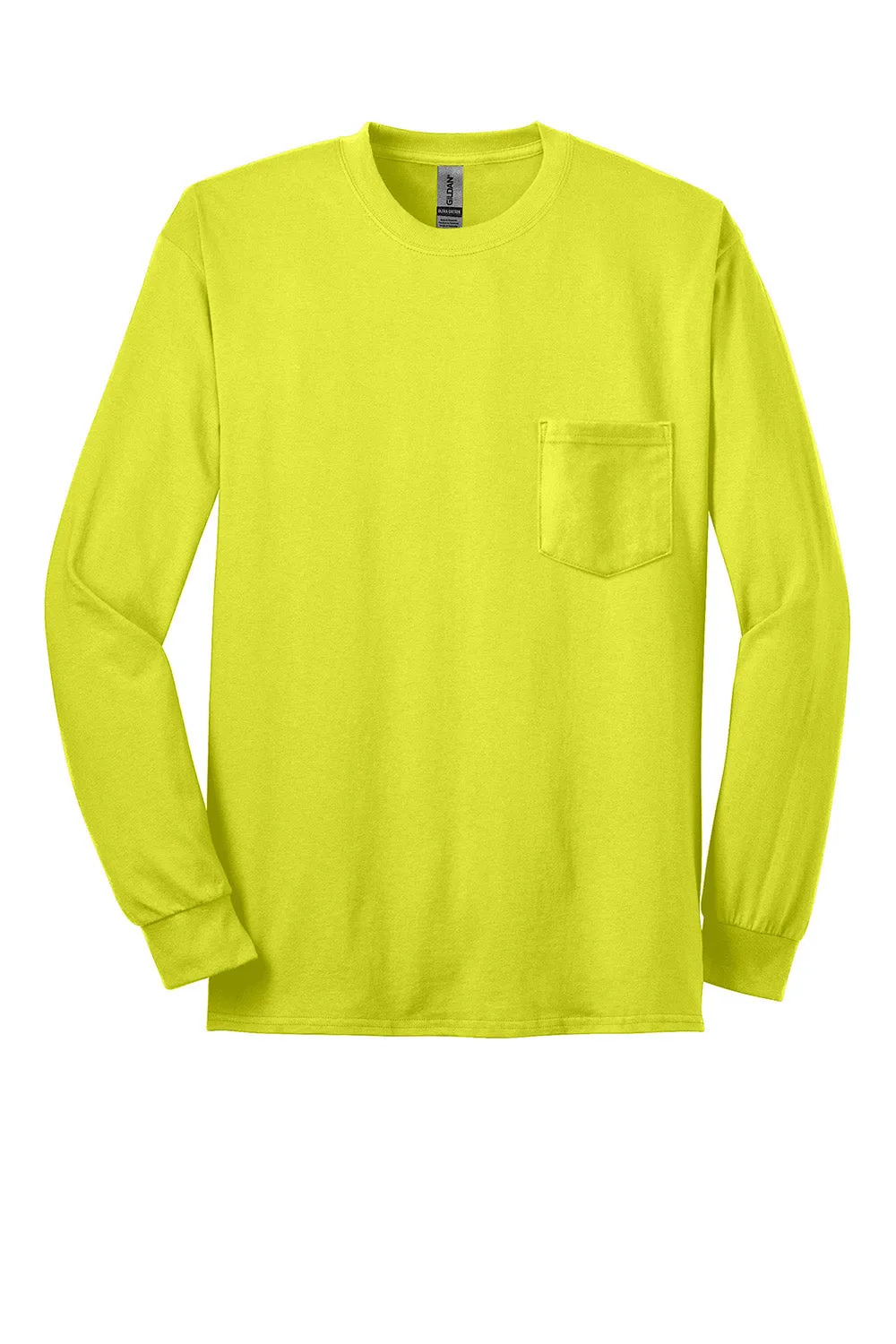 Gildan Mens Ultra Long Sleeve Crewneck T-Shirt w/ Pocket - Safety Green