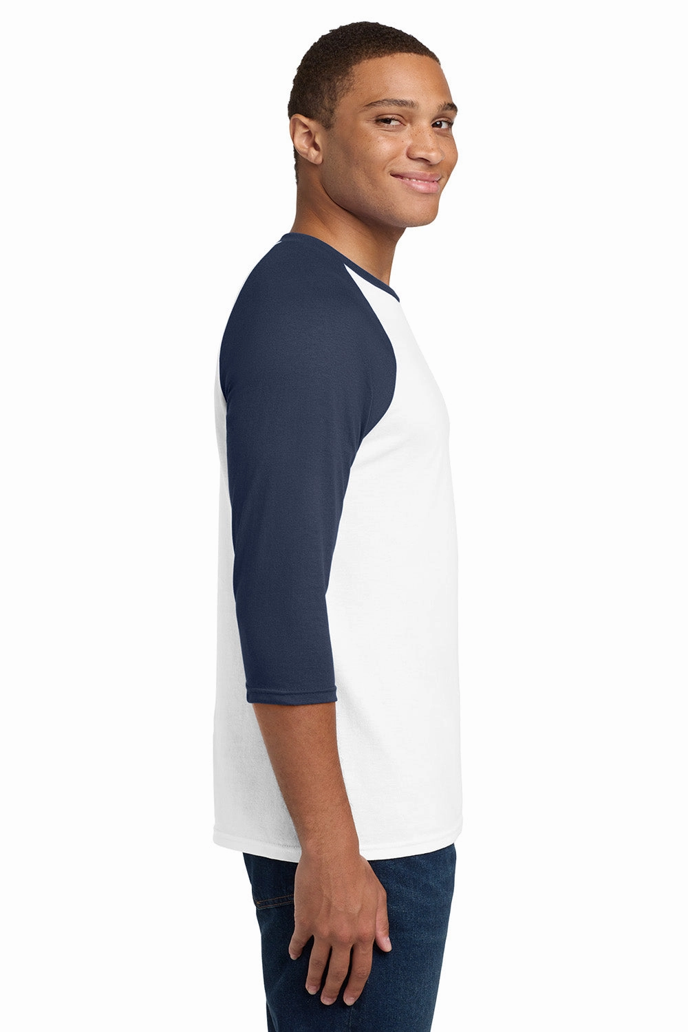 Gildan Mens 3/4 Sleeve Crewneck T-Shirt - White/Navy Blue