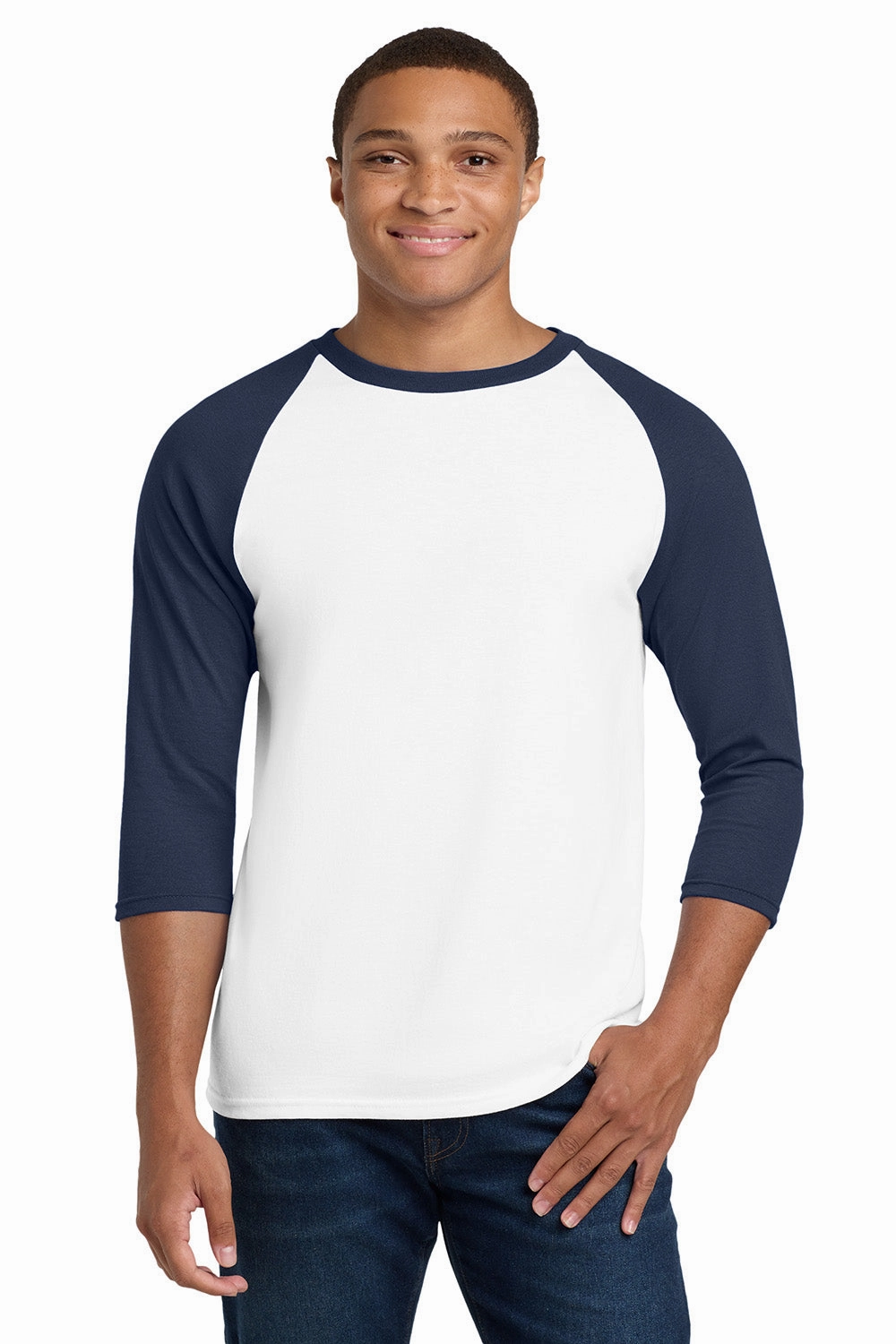 Gildan Mens 3/4 Sleeve Crewneck T-Shirt - White/Navy Blue