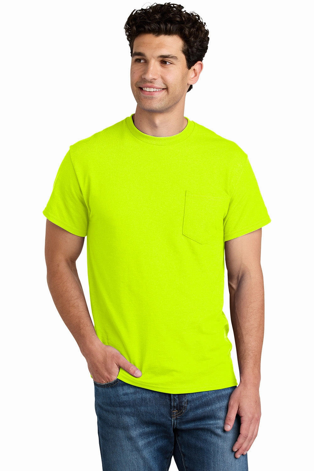 Gildan Mens DryBlend Moisture Wicking Short Sleeve Crewneck T-Shirt w/ Pocket - Safety Green