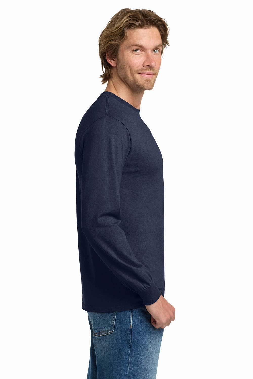 Gildan Mens Long Sleeve Crewneck T-Shirt - Navy Blue