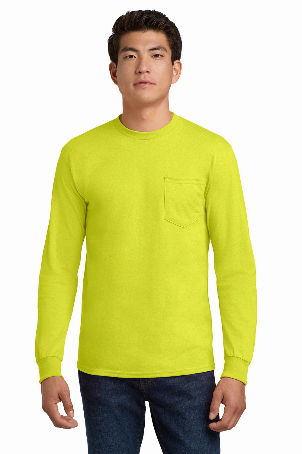 Gildan Mens Ultra Long Sleeve Crewneck T-Shirt w/ Pocket - Safety Green