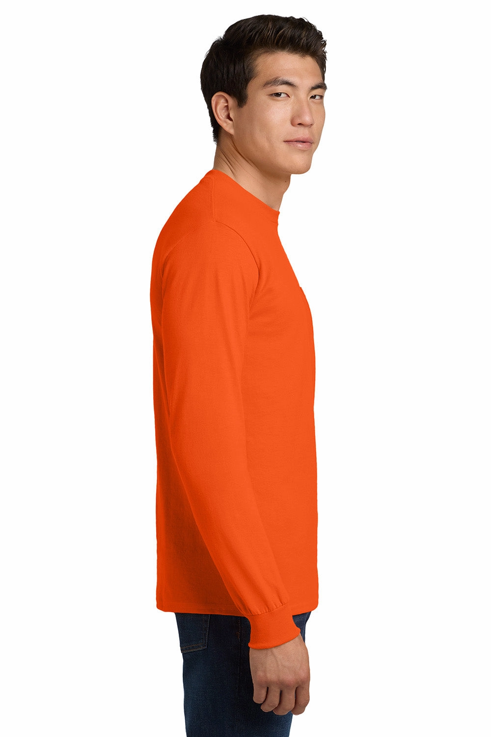 Gildan Mens Ultra Long Sleeve Crewneck T-Shirt w/ Pocket - Safety Orange