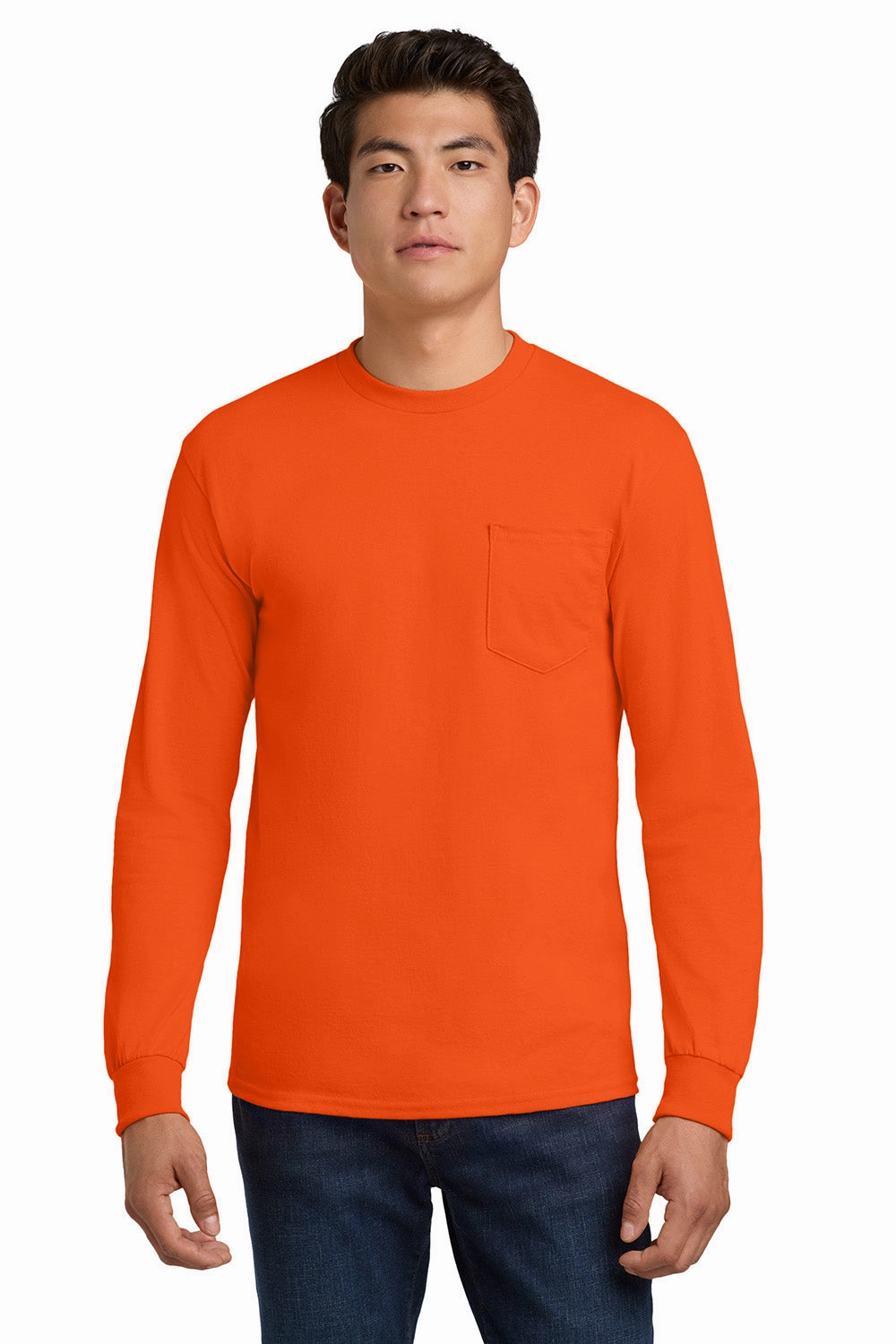 Gildan Mens Ultra Long Sleeve Crewneck T-Shirt w/ Pocket - Safety Orange