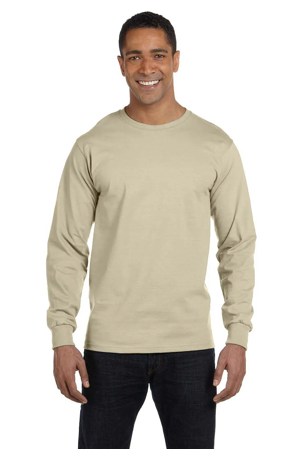 Hanes Mens Beefy-T Long Sleeve Crewneck T-Shirt - Sand