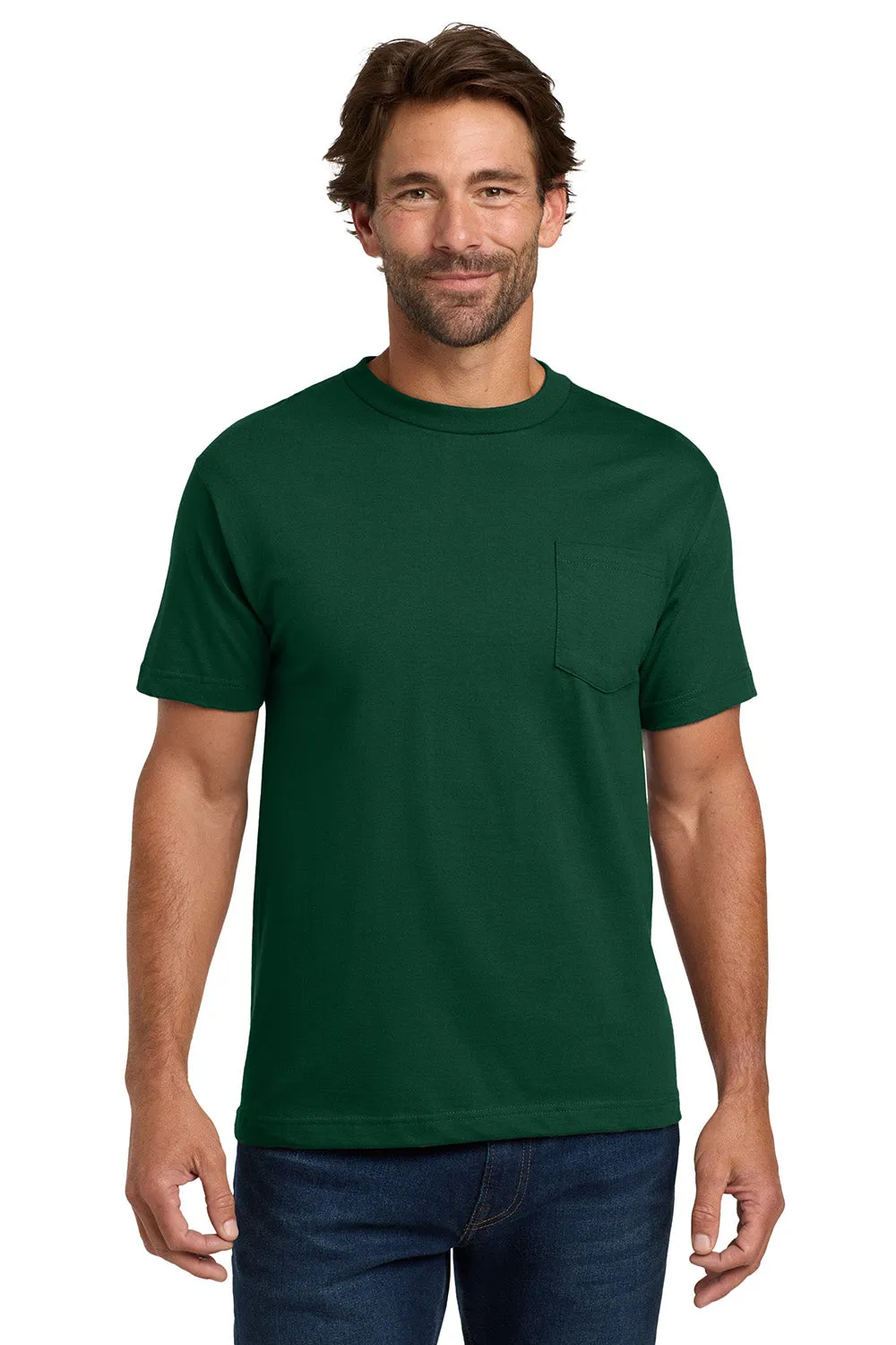 Hanes Mens Beefy-T Short Sleeve Crewneck T-Shirt w/ Pocket - Deep Forest Green