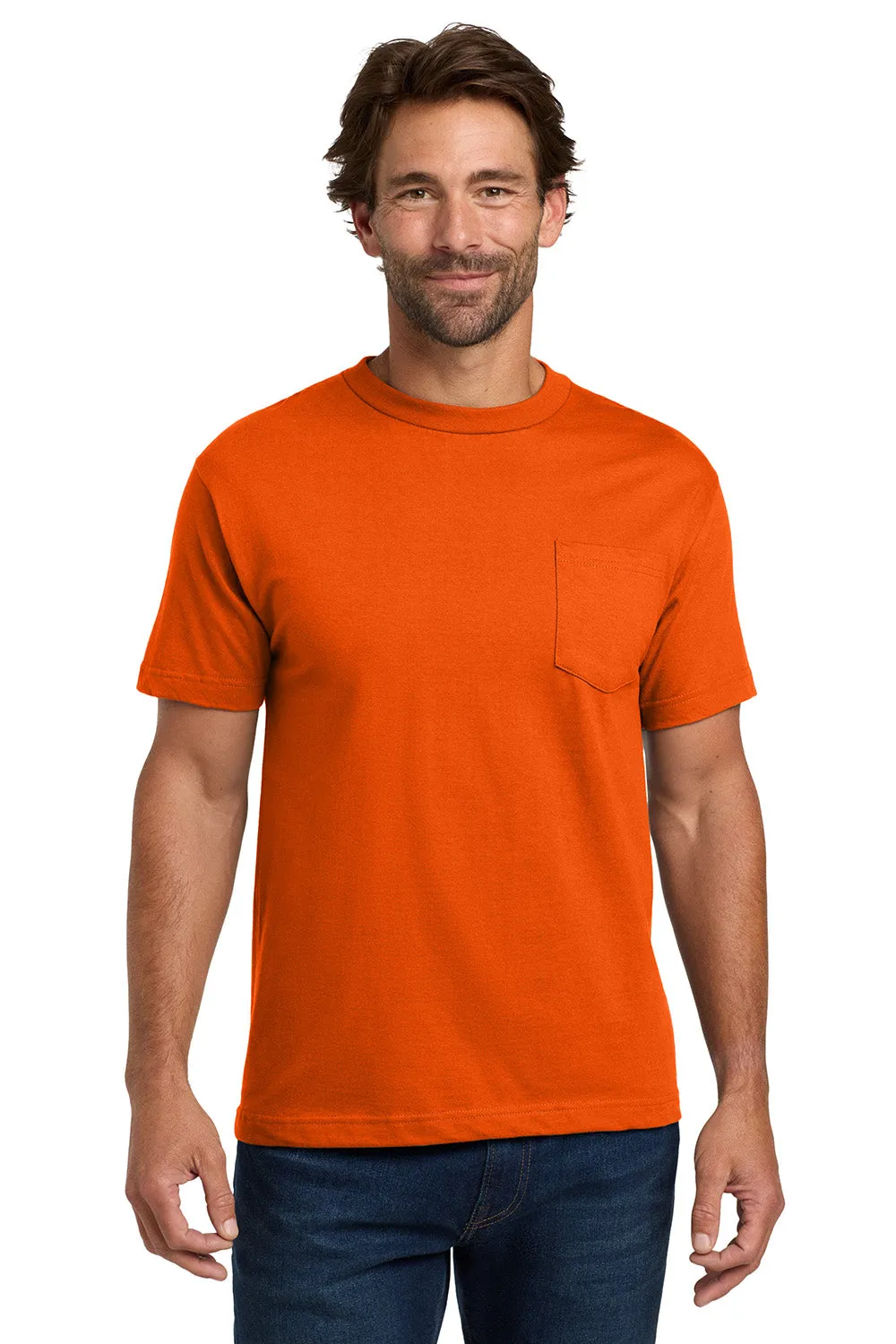Hanes Mens Beefy-T Short Sleeve Crewneck T-Shirt w/ Pocket - Orange