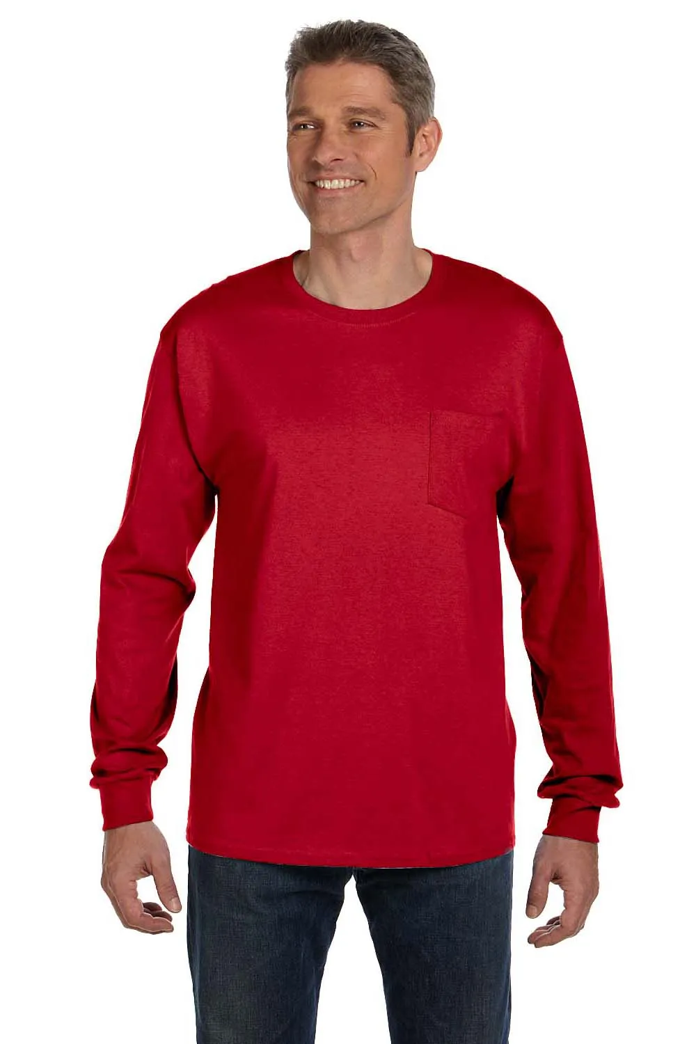 Hanes Mens ComfortSoft Long Sleeve Crewneck T-Shirt w/ Pocket - Deep Red