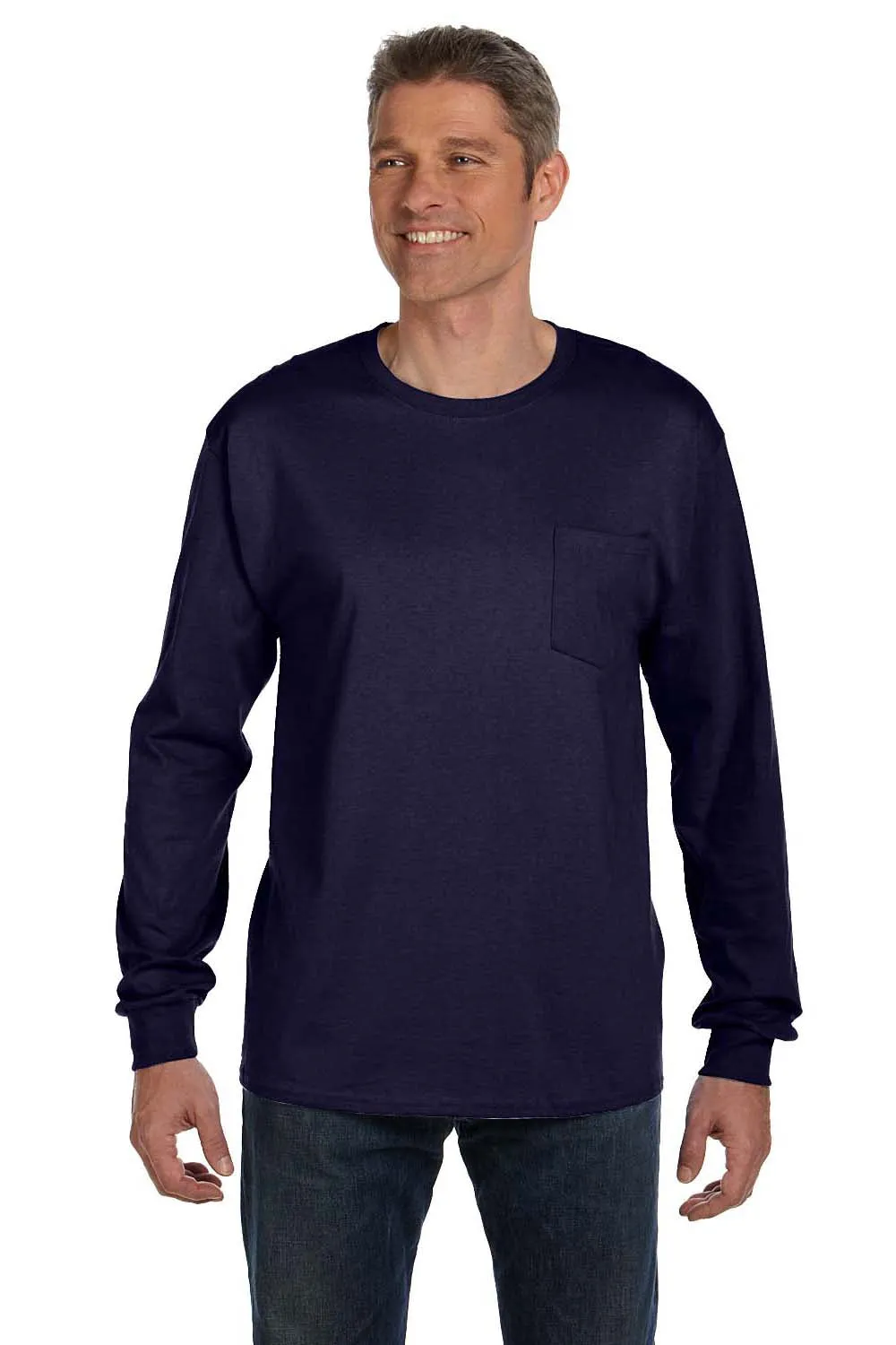 Hanes Mens ComfortSoft Long Sleeve Crewneck T-Shirt w/ Pocket - Navy Blue