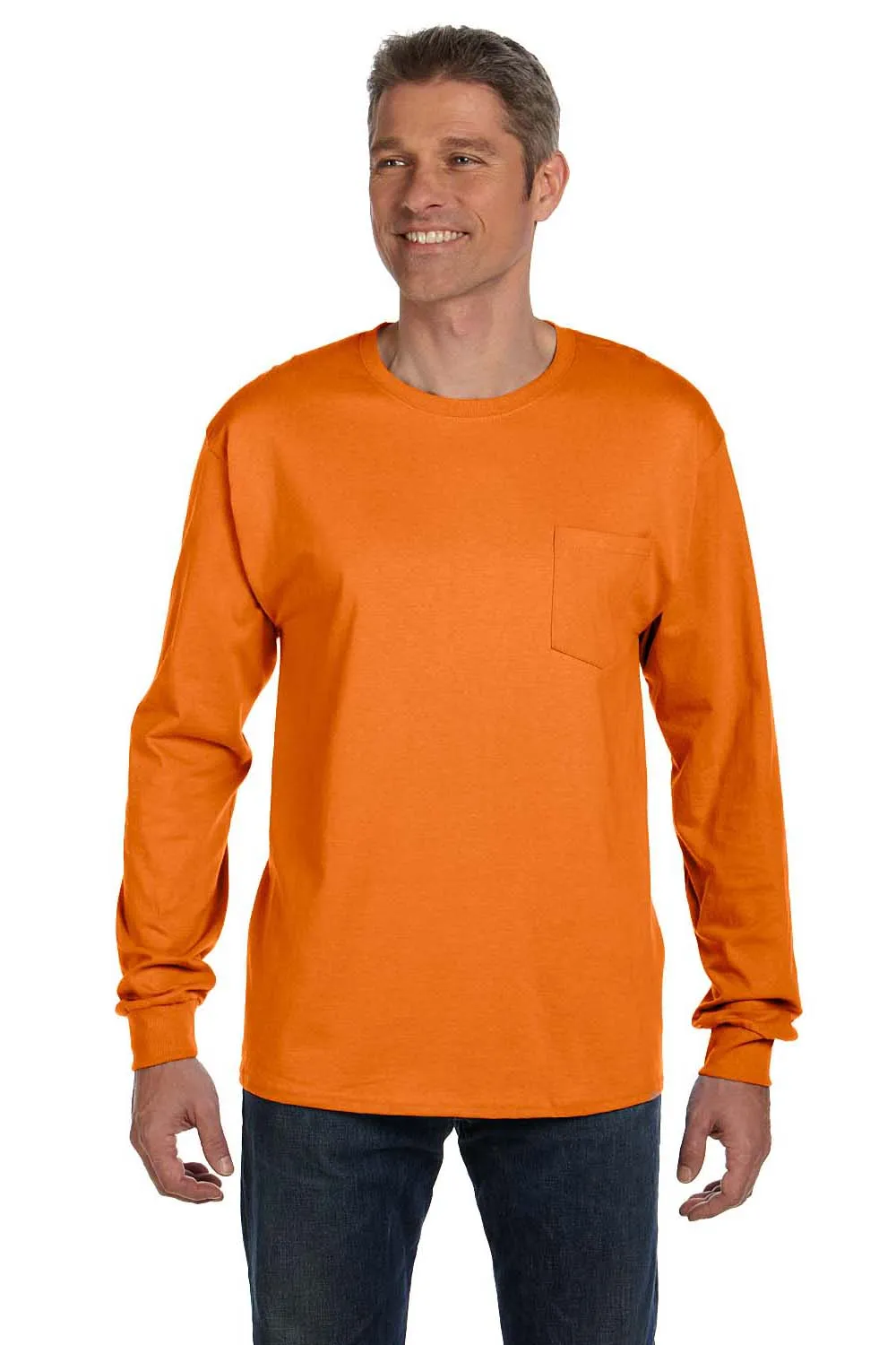 Hanes Mens ComfortSoft Long Sleeve Crewneck T-Shirt w/ Pocket - Orange
