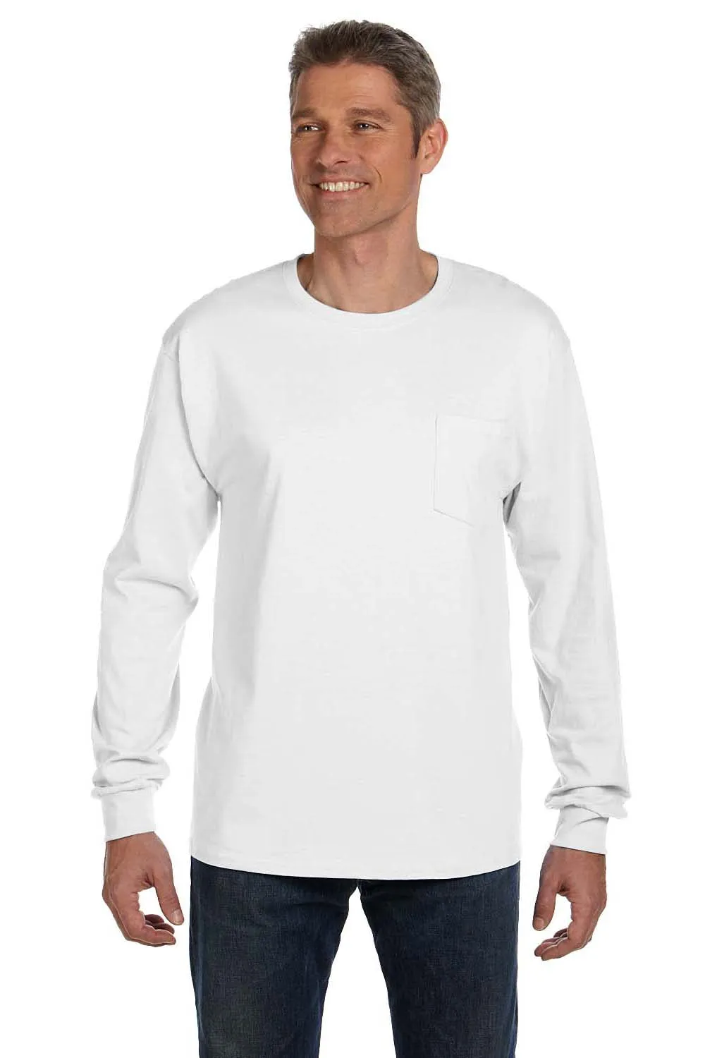 Hanes Mens ComfortSoft Long Sleeve Crewneck T-Shirt w/ Pocket - White