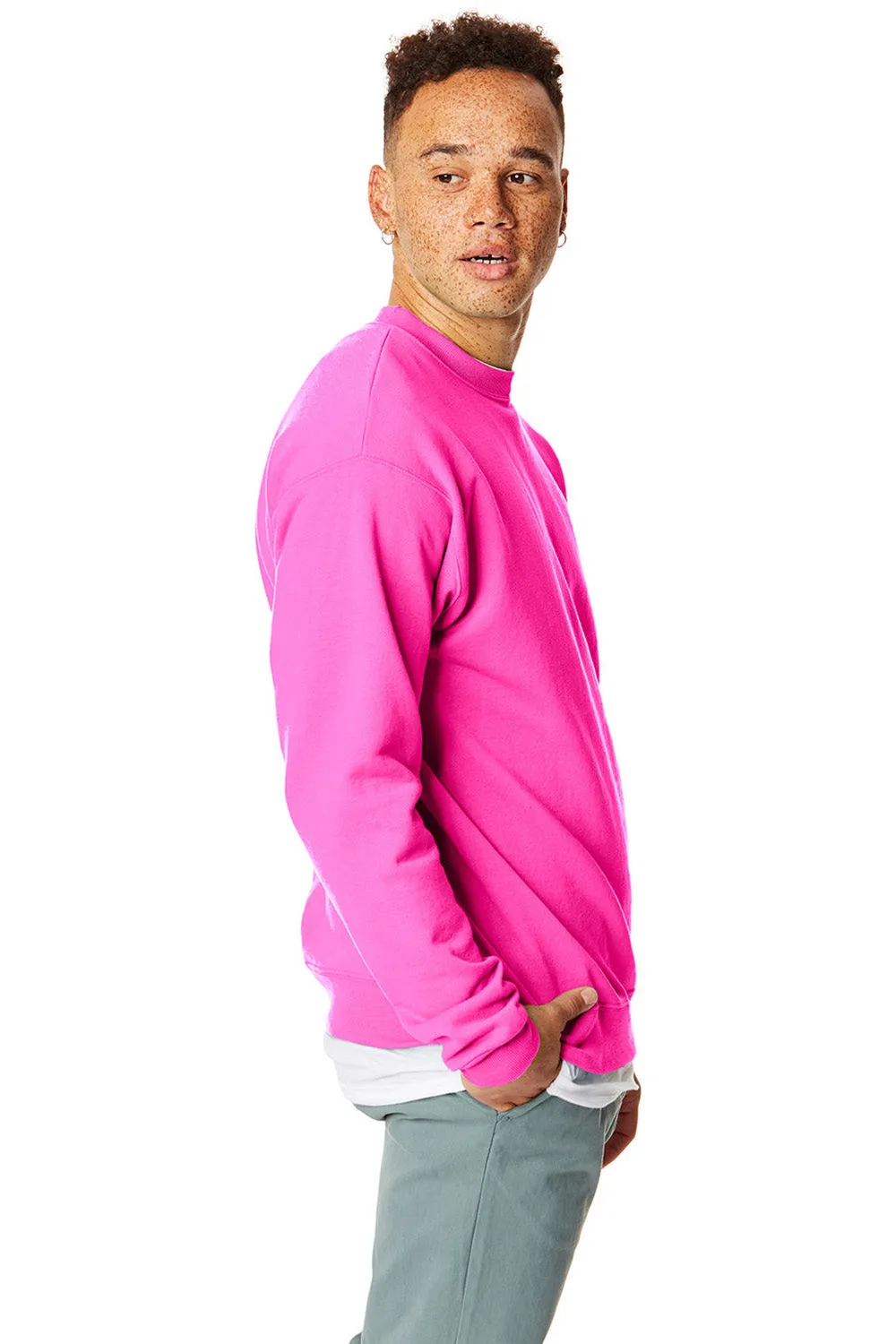 Hanes Mens EcoSmart Print Pro XP Pill Resistant Fleece Crewneck Sweatshirt - Safety Pink - Closeout
