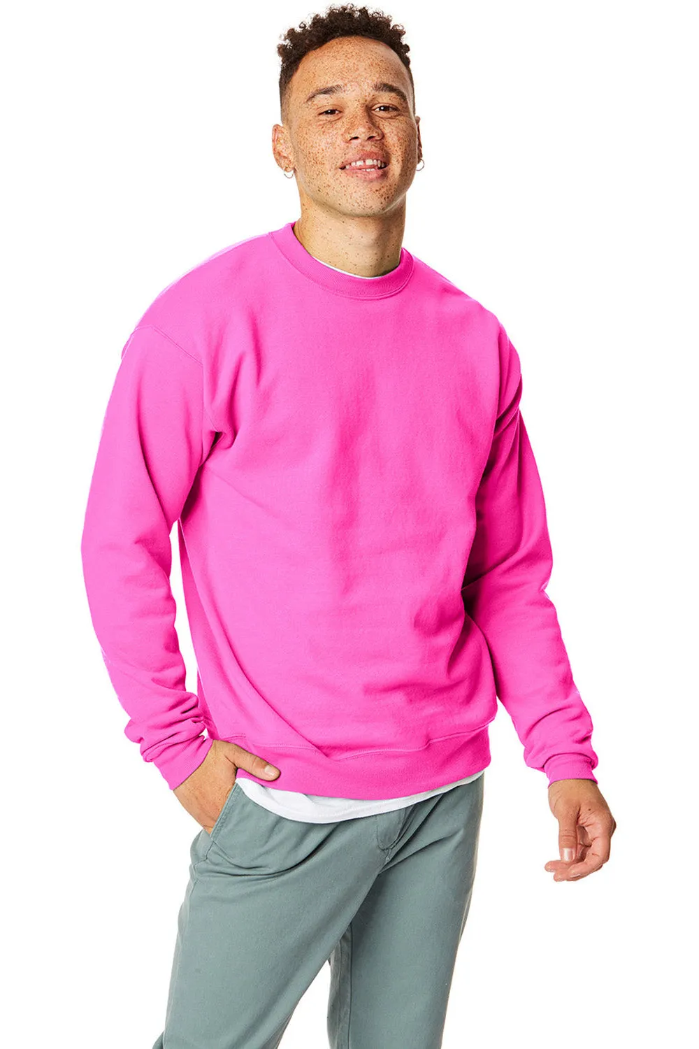 Hanes Mens EcoSmart Print Pro XP Pill Resistant Fleece Crewneck Sweatshirt - Safety Pink - Closeout